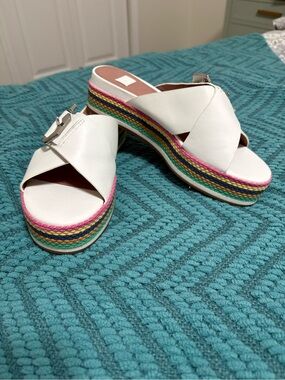 Louise et Cie White Leather Cross-Strap PlatformSandal w/ Rainbow Rope Midsole